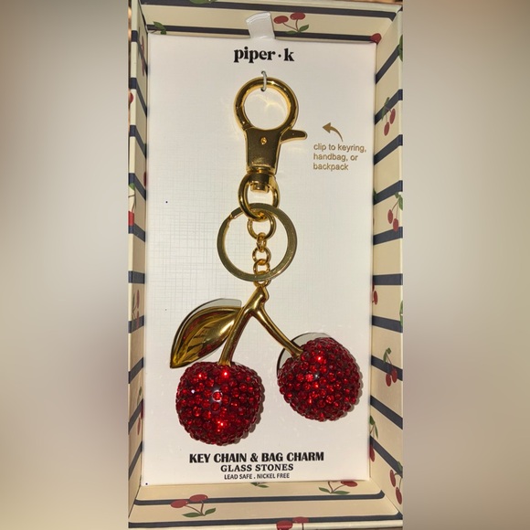 PIPER K Oversized Red Crystal-Studded Cherries Bag/Purse Charm Keychain NEW NWT - Picture 1 of 11